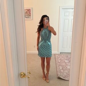 Sherri Hill Teal Sequin Mini Dress